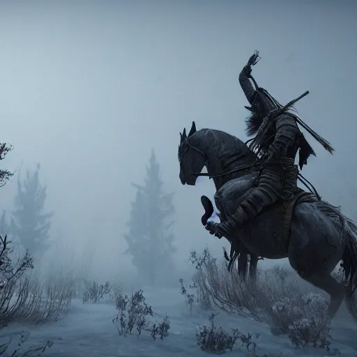 Prompt: the wild hunt, wraiths riding in the sky, spectres, mythical creatures in undead nightmare, bad omen, aflutter enchanted forest, in the style of the witcher, blizzard storm, fog, full moon, snowy environment, hyperrealism, atmospheric, uneasy, cinematic, breathtaking, award winning, groundbreaking, octane render, unreal 5, intricate digital art, 8 k