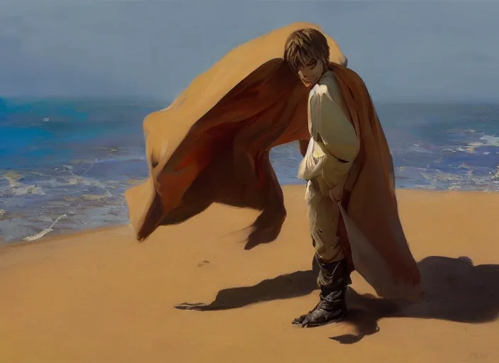 Image similar to a highly detailed beautiful portrait of 2 0 years old anakin skywalker hissing at sand, by gregory manchess, james gurney, james jean