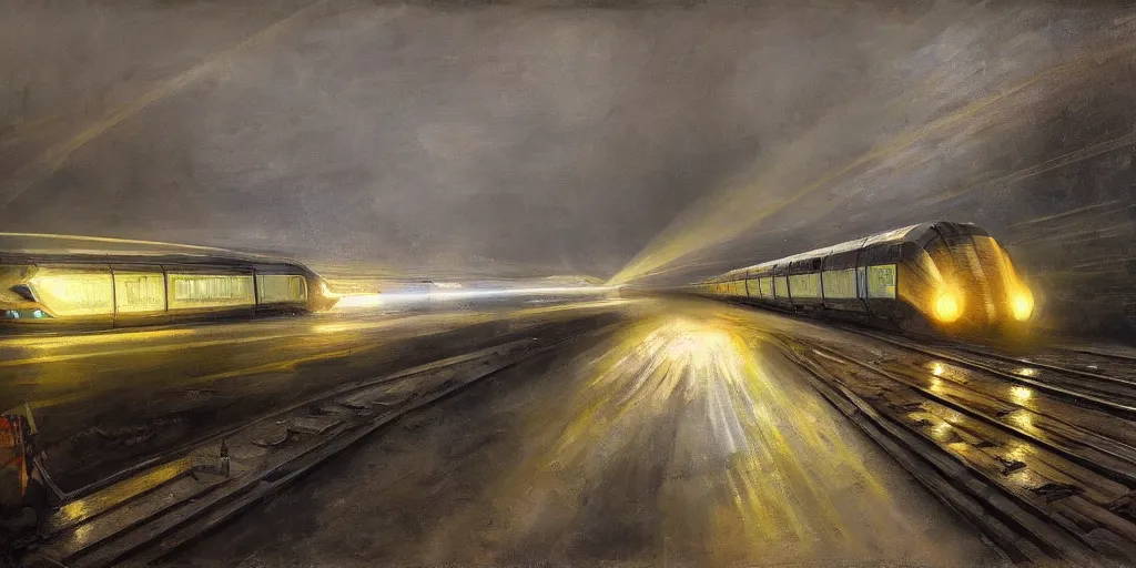 Prompt: highly detailed painting of powerful futuristic streamline train speeding very fast. romanticism. extreme speed with headlight beam shining brightly into the fog and rain. dramatic lighting. motion streaks.. vanishing point. rembrandt, george bellows and jasper johns.