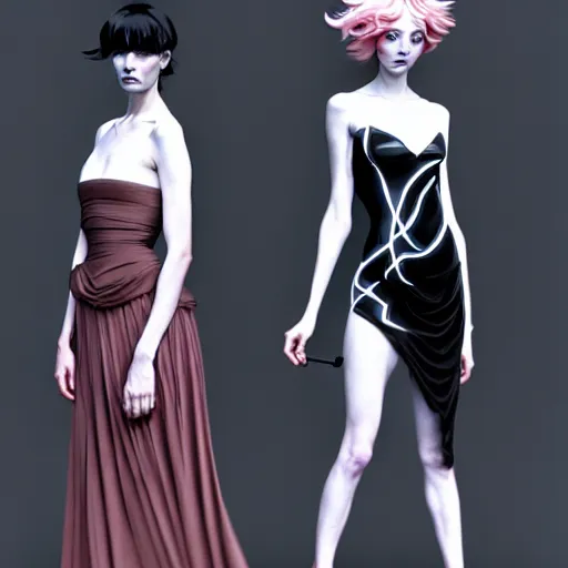 Image similar to 3 Figures as Winter Spirits, style is a blend of Æon Flux, Botticelli, and John Singer Sargent, inspired by pre-raphaelite paintings, shoujo manga, and Japanese city street fashion, dark and moody colors, hyper detailed, super fine inking lines, 4K extremely photorealistic, unreal engine 5, Arnold render