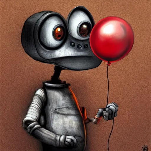 Prompt: surrealism grunge cartoon portrait sketch of wall-e with a wide smile and a red balloon by - michael karcz, loony toons style, pennywise style, horror theme, detailed, elegant, intricate