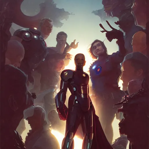 Prompt: all the avenger combined, stephen bliss, greg rutkowski, loish, rhads, beeple, makoto shinkai, tom bagshaw, alphonse mucha, sharp focus, art by artgerm and greg rutkowski, stanley kubrick, backlit, harsh overhead sunlight,