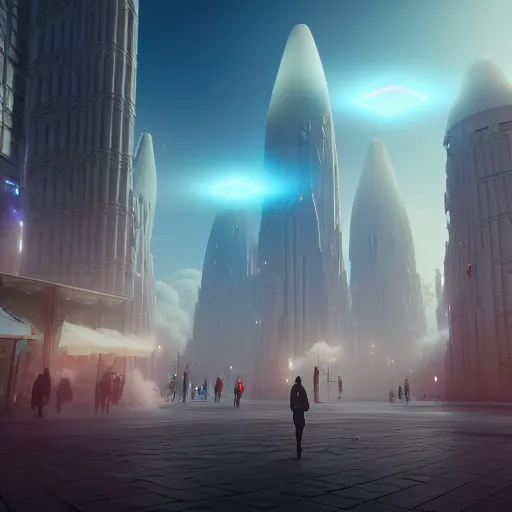 Image similar to ins a magical ethereal cloud city with people walking around, highly detailed, 4k, HDR, award-winning, octane render, trending on artstation, volumetric lighting