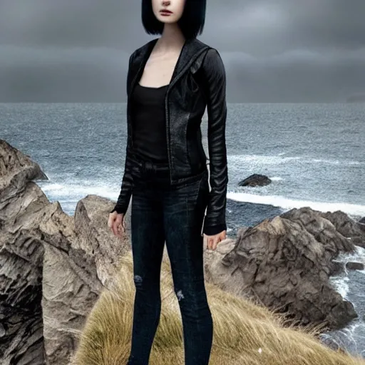 Image similar to 1 7 - year - old pale - skinned persian girl with black long bob cut, black gothic jacket, blue jeans, psychic girl, psychokinetic girl, standing on cliff along the irish coast, overcast gray skies, ultra - realistic, sharp details, subsurface scattering, intricate details, cold lighting, highly detailed, photorealistic, octane render, art by artgerm