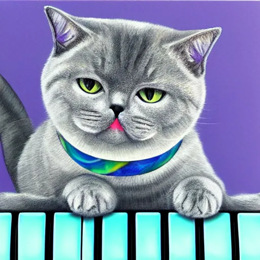 Image similar to portrait of a grey british shorthair cat sitting on wavy piano keyboard with musical notes in the background detailed colorful blue purple cyan luminescent airbrush oil painting in 4 k