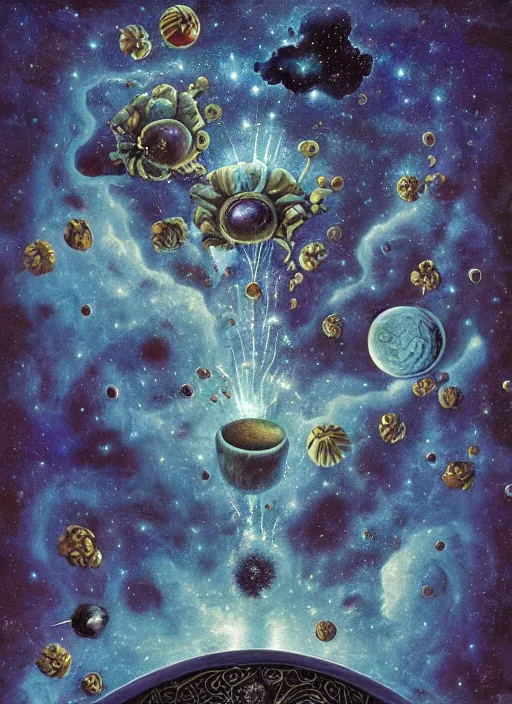 Image similar to detailed, intricate blue black and purple papaverum flower on the field, nebula, galaxy in the sky, winning award masterpiece, fantastically beautiful, illustration, aestheticly inspired, jacek yerka, upscale with anguissola sofonisba work, artstation, 8 k