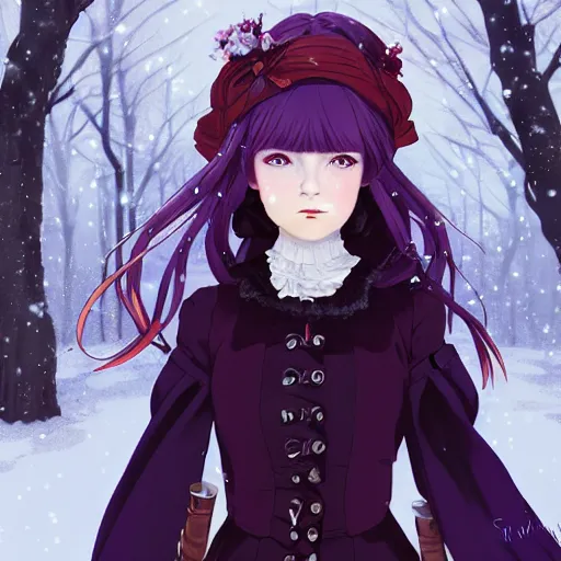 Image similar to wearing full clothing in full clothing victorian dress, beautiful anime woman, purple hair, red eyes, weapon, steampunk, symmetrical face, symmetrical eyes, full round face, short smile, detailed, winter setting, cinematic lighting, medium shot, mid - shot, makoto shinkai, artgerm, ilya kuvshinov, loish