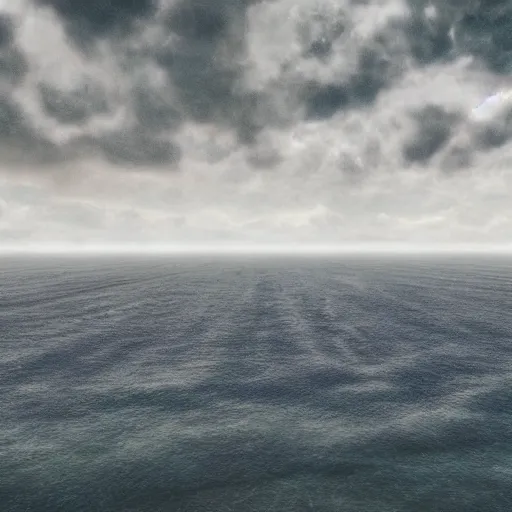 Image similar to An ocean!!!!! stretching as far as the eye can see, with overhead cloudy!!!!! skies, photorealistic imagery, grim atmosphere, gloomy!!!!! and eerie art style, trending on arstation, 4k, 8k