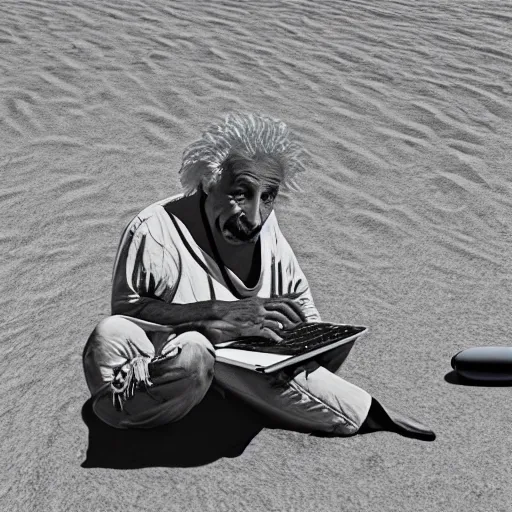 Prompt: Einstein working on beach with MacBook in AirPods digital art