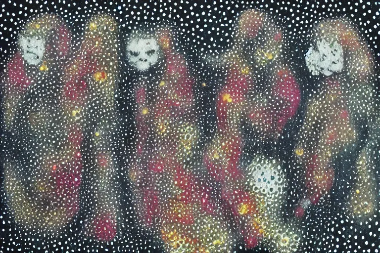 Image similar to teeth, smile, faceless people, black figures, dark, acrylic, clay, dots abstract, dripping, stipple, pointillism, technical, abstract, minimal, style of francis bacon, asymmetry, pulled apart, stretch, cloak, eerie, made of dots, abstraction chemicals, blotter, mask, colored dots, splotch, old painting style