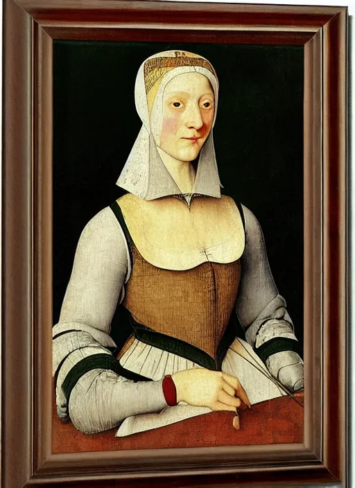 Image similar to portrait of young woman in renaissance dress and renaissance headdress, art by pieter bruegel the elder