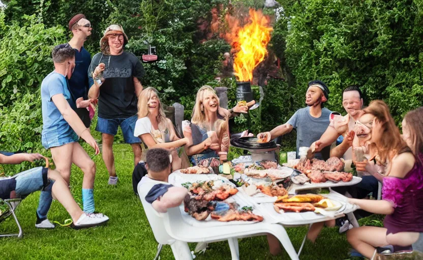 Image similar to a group of friends having a bbq with an alien at the backgardenof a detroit house