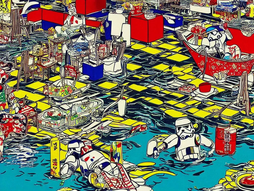 Image similar to hyperdetailed close - up image of a japanese house with a pond, stormtroopers sitting around it, in style of pop - art, andy warhol, roy lichtenstein, jackie tsai, bright palette, acrylic on canvas