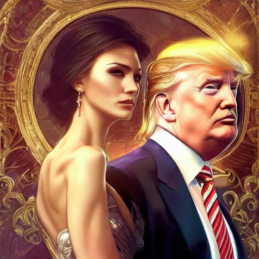 Image similar to vladimir putin marrying donald trump, elegant, highly detailed, digital painting, artstation, concept art, smooth, sharp focus, illustration, art by artgerm and greg rutkowski and alphonse mucha