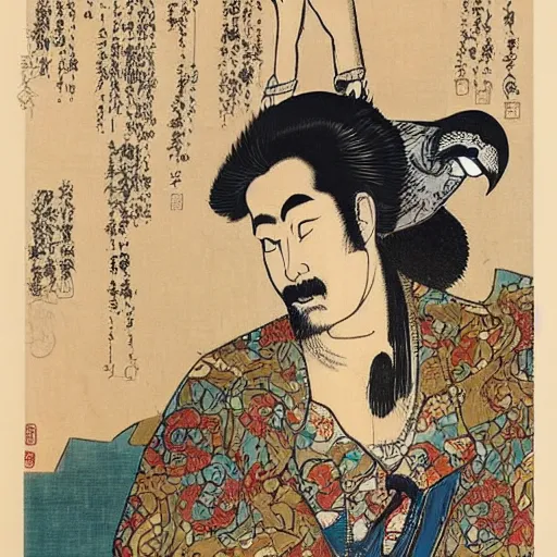 Image similar to A beautiful kinetic sculpture of a man, with an animal skull for a head, and a large bird perched on his shoulder. The man is looking up at the bird with a fierce expression, and the bird is looking back at him with what seems to be an equally intense gaze. vintage Disney by Kunisada