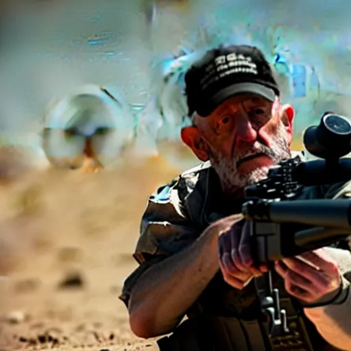 Image similar to Film still of Mike Ehrmantraut in American Sniper aiming with a sniper rifle, 4k, highly detailed