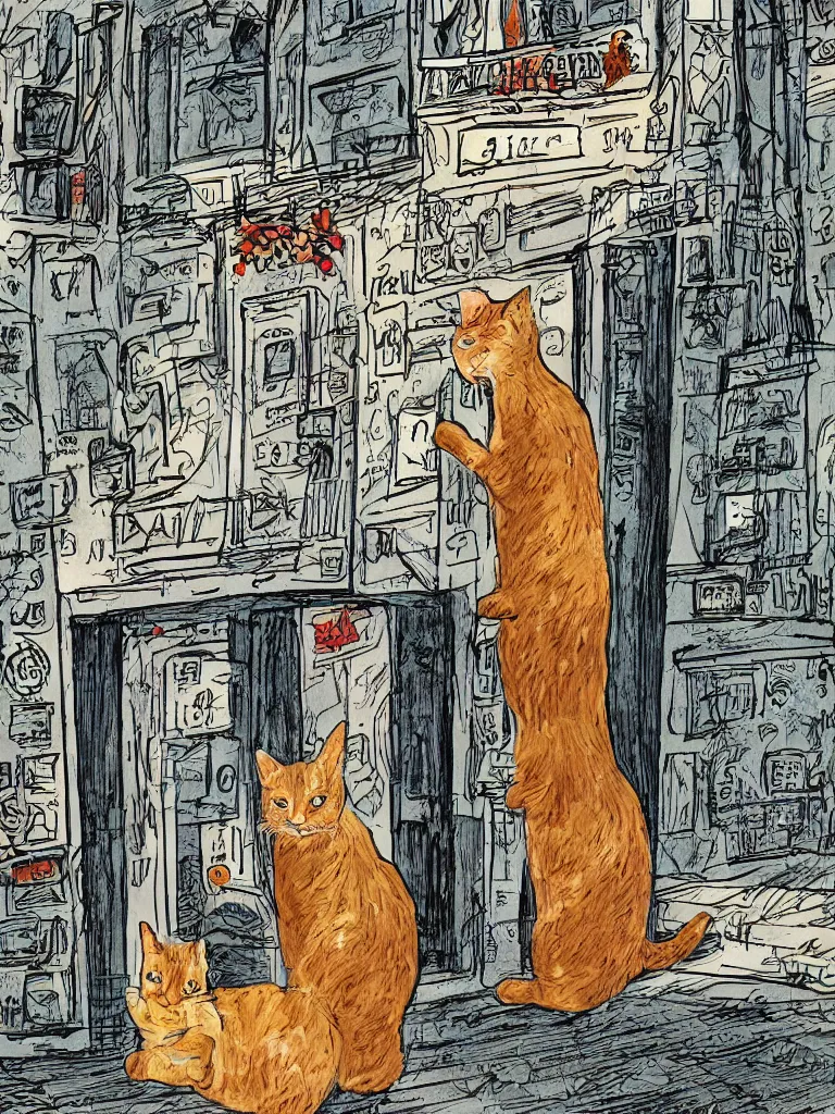 Image similar to fantastic illustration of a door into summer on the crowded city street, a ginger cat sits near the door, illustration of robert heinlein novel door into summer