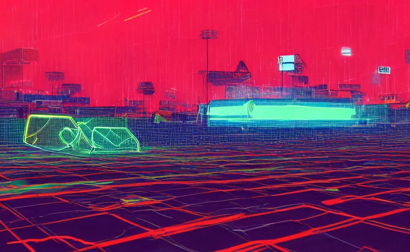 Prompt: sports ground on rooftop, neon lights, highly detailed, digital painting, glitch architecture, artstation, concept art, sharp focus, illustration