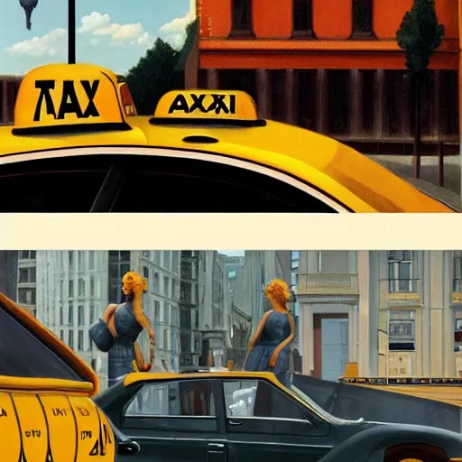 Image similar to a woman hails a taxi by Raphael, Hopper, and Rene Magritte. detailed, romantic, enchanting, trending on artstation.