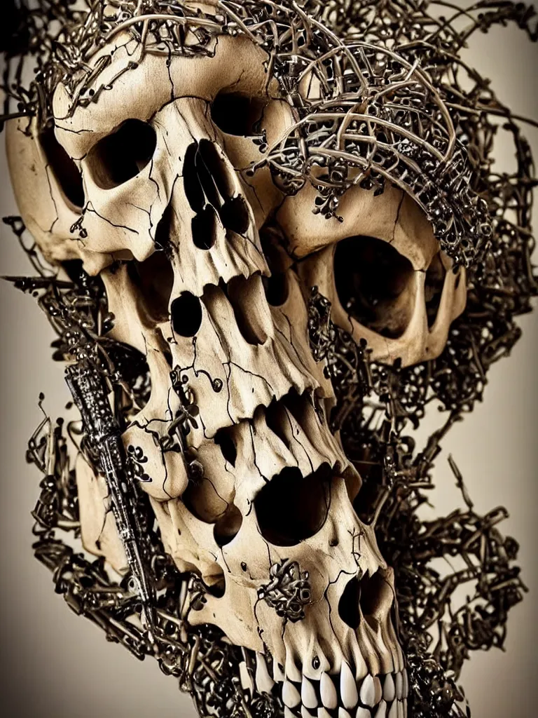 Image similar to animal skull made of rifles, ultra-realistic, intricate details photograph