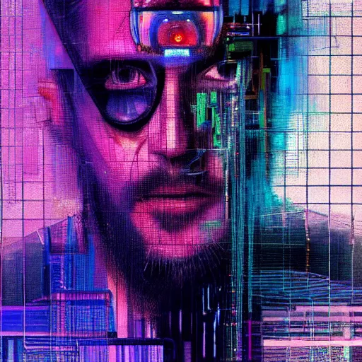 Image similar to hyperrealistic portrait of a cyberpunk character, adult man, long hair, by Guy Denning, Johannes Itten, Derek Gores, Russ Mills, glitch art, fine detail, polished, computation, complex, hacking effects, holographic, digital tech effects, blue and violet, color blocking!, realistic, acrylic on canvas, concept art, abstract!, symmetrical, 8k, concept art, octane, photorealistic, cgsociety, trending on artstation