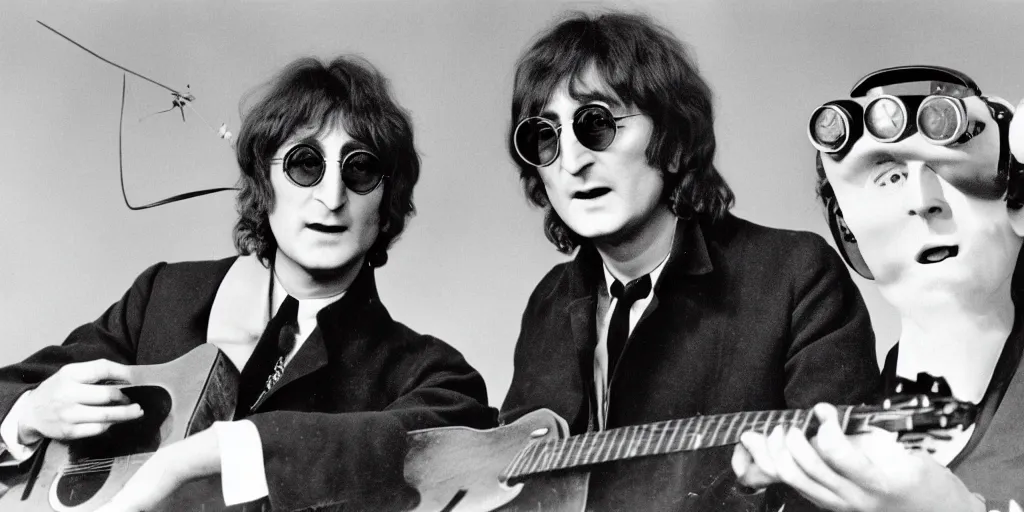 Image similar to John Lennon & Tesla working together ufo technology, black & white photograph