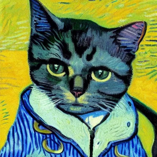 Image similar to a cute cat in a duffle coat, impressionist painting, painted by Van Gogh