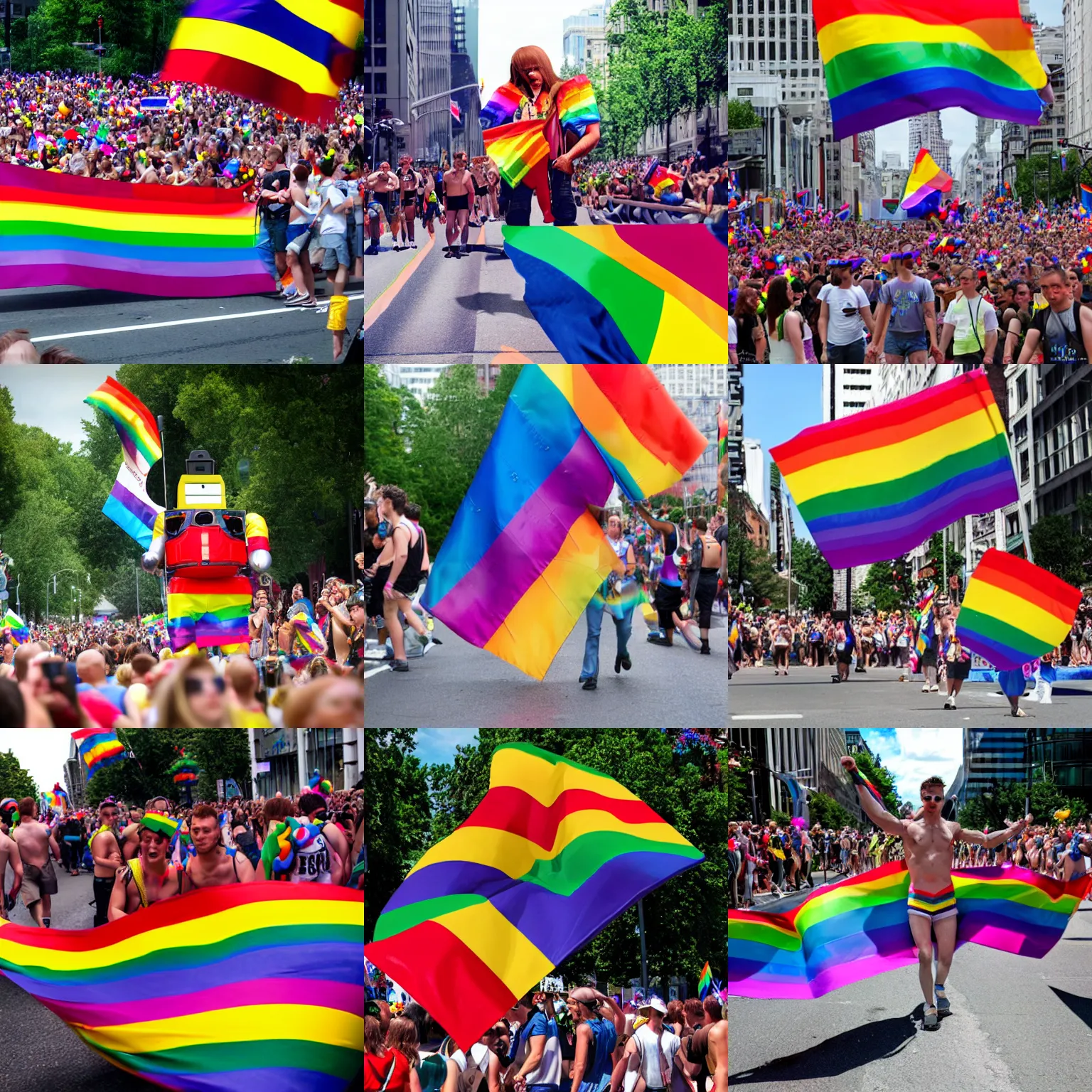 Prompt: unbelievably realistic unreal render ED-209 at the Gay Pride Parade, rainbow flag