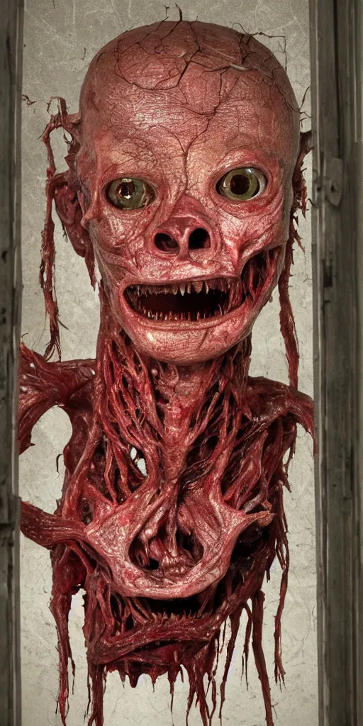 Image similar to looking through the window smiling photorealistic ultra detailed humanoid creature made of decomposed bloody flesh and bones, night, the woods, extremly detailed, 8 k, realistic, sharp focus, cosmic horror creature, cosmic horror, from the movie the thing, mysterious creature, bloody eyes, big eyes