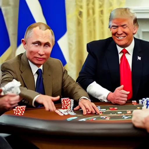 Image similar to donald trump and jesus christ playing poker while putin serves drinks and smiles