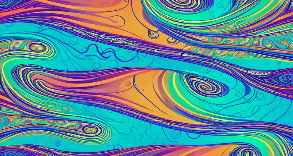 Prompt: [ palate ] [ muted colors ] crazy psychedelic 🌊 ocean waves, luxury yacht crossing the ocean, paisley swirls and ripples, backlit, sunset, refracted lighting, outdoors, paisley pattern, elegant, 8 k resolution, intricate and fine details, digital painting, artstation, illustration, psychedelic ocean art, krenz cushart, alphonse mucha