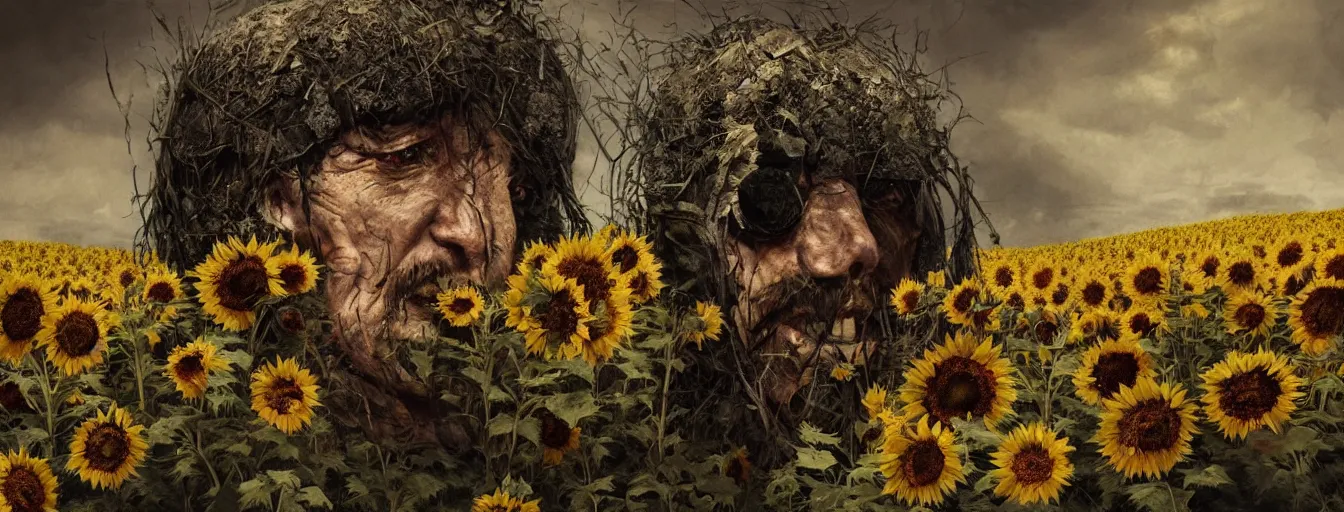 Prompt: old soldiers head being overgrown by sunflowers, broken tank in background, dark, eerie, despair, portrait photography, war torn, artstation, digital art, adward winning, concept art, artstation, highly detailed, sharp focus, by caravaggio