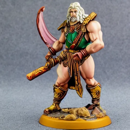 Prompt: strong white guy with a goatee and frameless glasses coloring warhammer figures