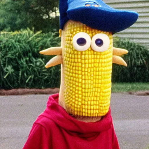 Image similar to a photoreal image of doug from the tv show doug as anthropomorphic corn.