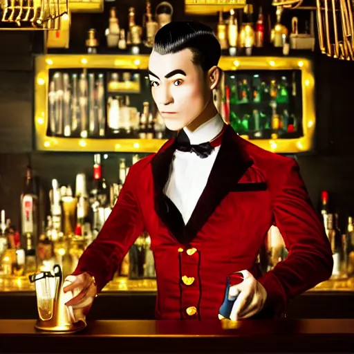 Prompt: portrait of a male cyborg bartender, chinese, slick brushed - back hair, half - robot half - human, red velvet mao suit, golden ascot, steampunk monocle, in a dark bar lit by floating lights, post - impressionist