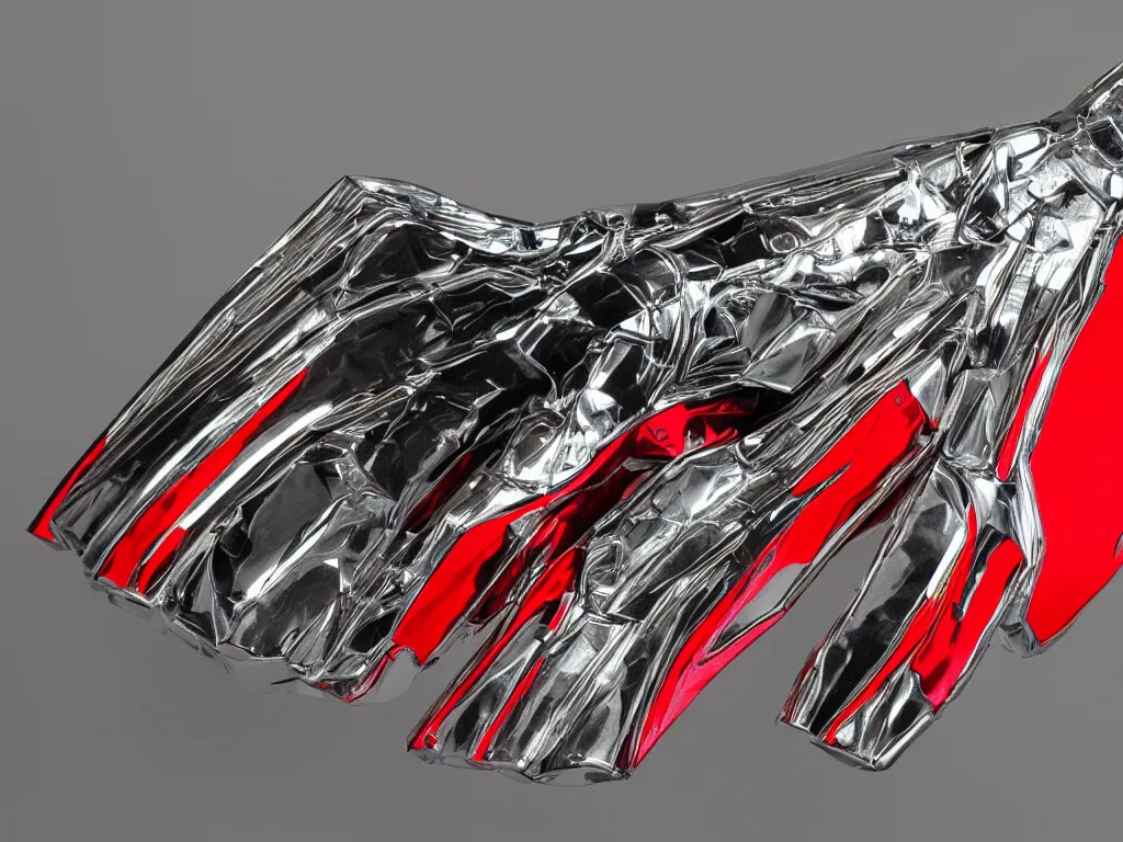 Prompt: futuristic weapon made of brushed metal, chrome and carbon, intricate gold linings, red leds