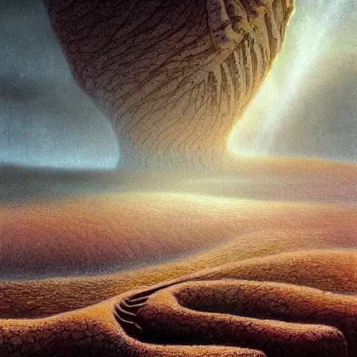 Image similar to artistic digital artwork of an epic natural scene on an alien planet. beautiful landscape by vincent bons, michael whelan, remedios varo and gerardo dottori. grainy and rough. interesting pastel colour palette. beautiful light. oil and water colour based on high quality render.