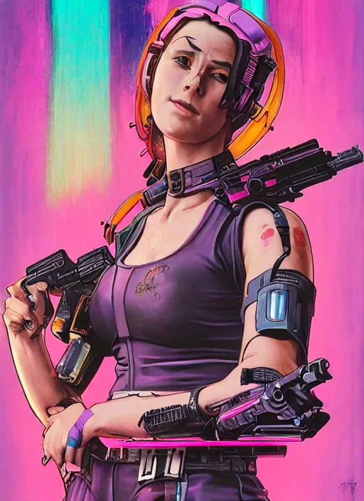 Prompt: cyberpunk woman wearing pink jumpsuit holding belt fed pistol. advertisement for pistol. cyberpunk ad poster by james gurney, azamat khairov, and alphonso mucha. artstationhq. painting with vivid color, cell shading. ( rb 6 s, cyberpunk 2 0 7 7 )