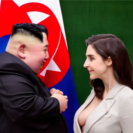 Image similar to close up shot of alison brie engaging peace talks with kim jong un. photography, photographic