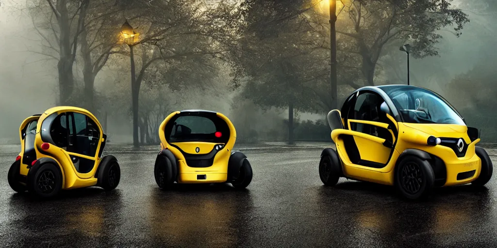 Prompt: parked renault twizy, fog, rain, volumetric lighting, beautiful, golden hour, sharp focus, highly detailed, cgsociety