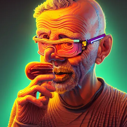 Prompt: Colour Photography of 1000 years old man with highly detailed 1000 years old face wearing higly detailed cyberpunk VR Headset designed by Josan Gonzalez. Man eating higly detailed hot-dog. In style of Josan Gonzalez and Mike Winkelmann andgreg rutkowski and alphonse muchaand Caspar David Friedrich. Rendered in Blender