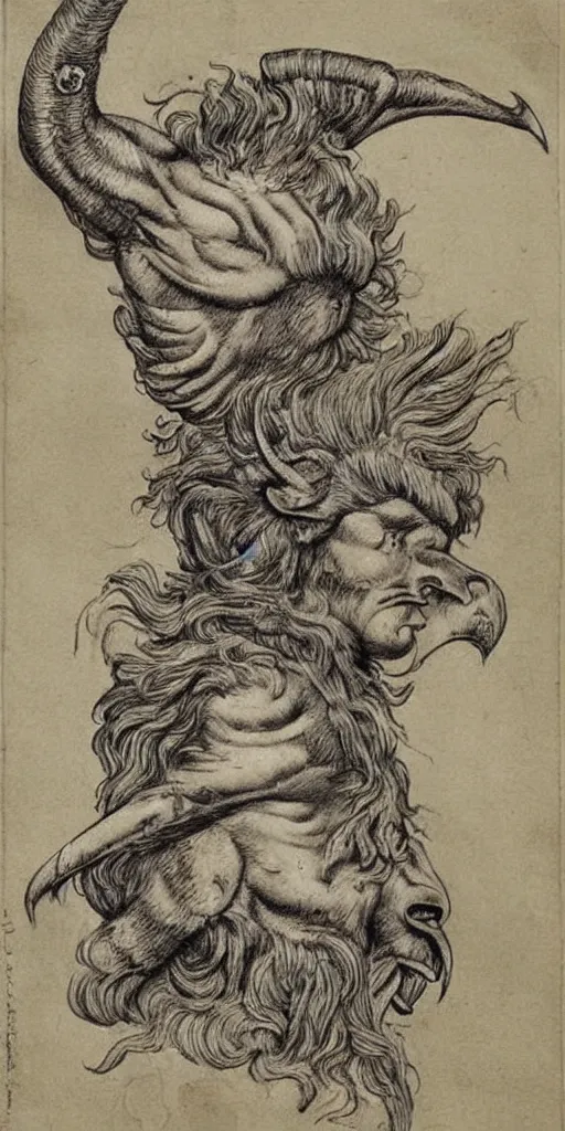 Image similar to human / eagle / lion / ox hybrid. horns, beak, mane, human body. drawn by da vinci