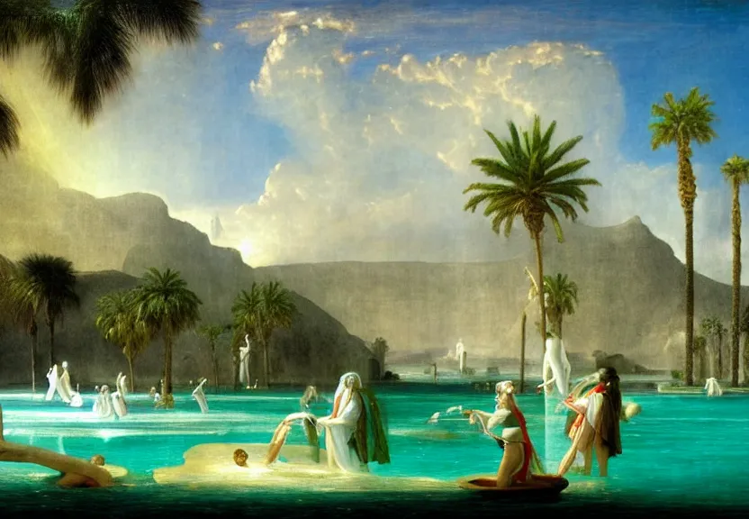 Image similar to Palace floating in heaven, 1km tall, thunderstorm, greek pool, beach and palm trees on the background major arcana sky, by paul delaroche, hyperrealistic 4k uhd, award-winning very detailed, heaven paradise