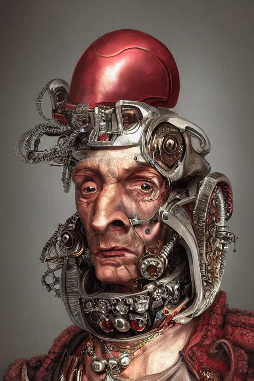 Image similar to portrait, headshot, digital painting, of a old 17th century cyborg merchant, ruby jewels, baroque, ornate clothing, realistic, hyperdetailed, chiaroscuro, concept art, art by Franz Hals