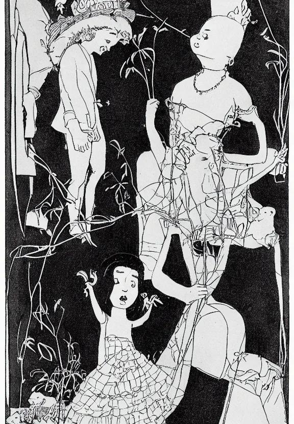 Image similar to a girl with black hair and a silver dress, detailed illustration, children's book, by winsor mccay