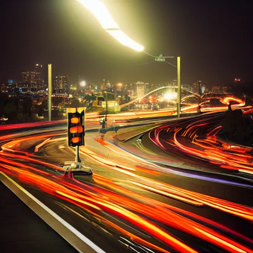 Image similar to dslr photo freeway photo at night, artgerm, artstation, very high quality lights, intricate details, extremely high quality, moody lighting, real camera, real photo, slow - shutter, photography by deviantart, 8 k, full subject in shot