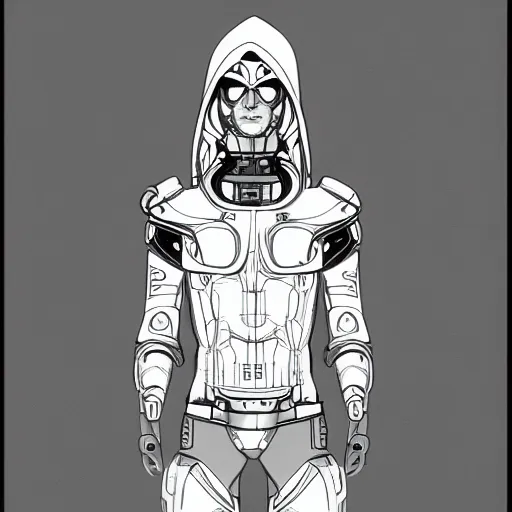 Image similar to cyborg man with a hood bag, slim and tall, sketch lineart for character design