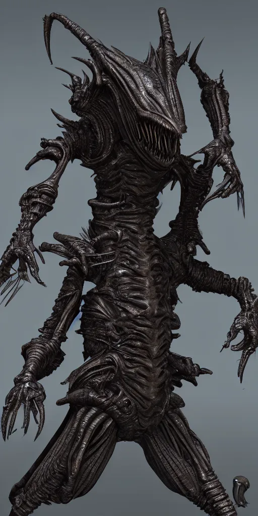 Image similar to futuristic alien with lasers eldenring boss. fromsoftware, dark souls, eldenring, screenshot, extremely detailed, insanely detailed, realistic, zbrush, horror, bloodbourne, full body concept