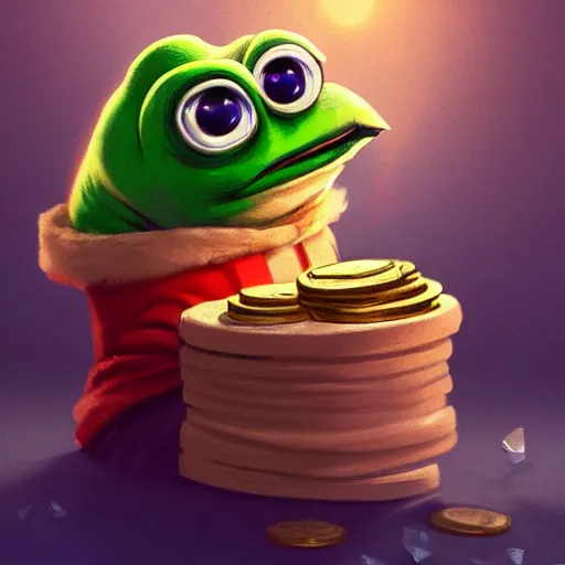 Image similar to super rich happy pepe, coins, gold, crystals, greg rutkowski