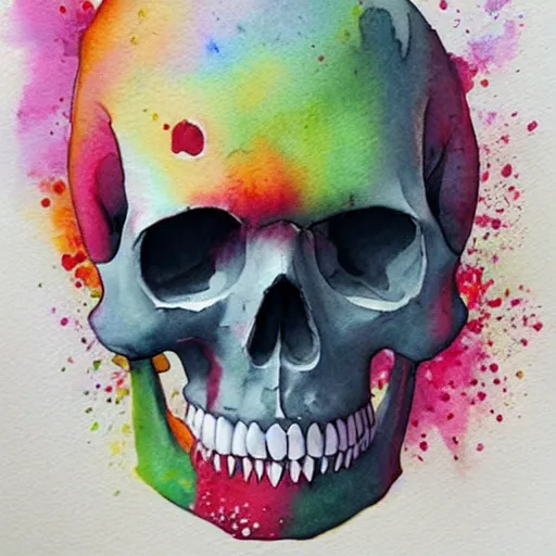 Image similar to watercolor art on paper, skull with bath bomb explosions all around, highly detailed, artstation, masterpiece, award - winning